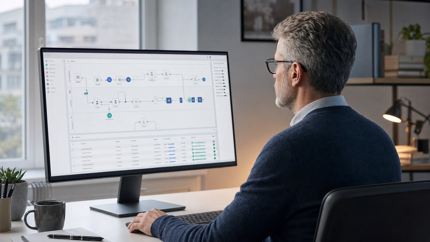 Software specialist reviewing a connected business workflow on screen