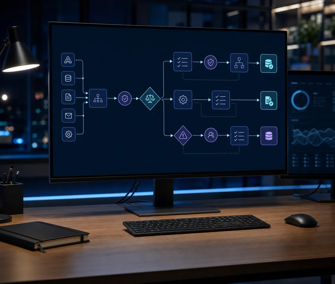 Decision workflow displayed on monitors in an unoccupied operations workspace