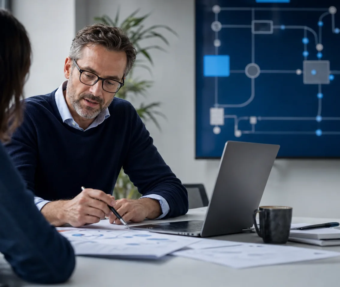 Software architect reviewing connected business operations
